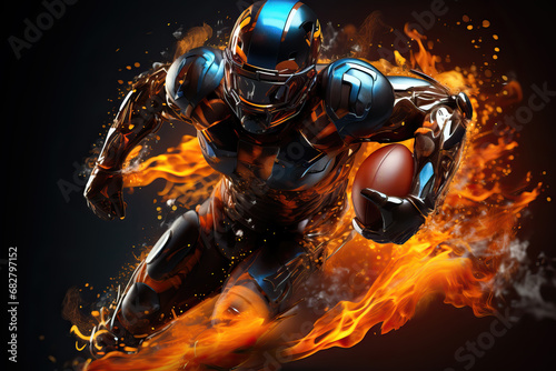 Futurist American football player running with the ball in fire. Team spirit, overcoming, equality and tolerance concept in the sport.