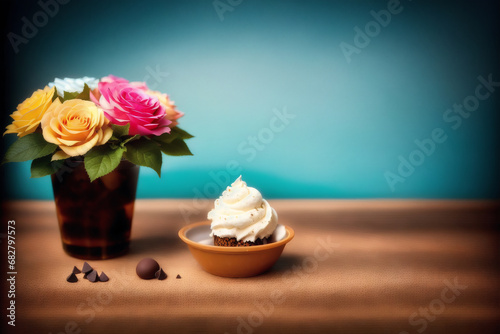 delicious ice cream in a cup  close-up  on the table. sweet food.  Generative AI