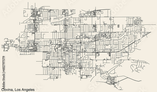 Detailed hand-drawn navigational urban street roads map of the CITY OF COVINA of the American LOS ANGELES CITY COUNCIL, UNITED STATES with vivid road lines and name tag on solid background