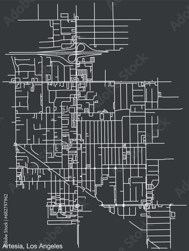 Detailed hand-drawn navigational urban street roads map of the CITY OF ARTESIA of the American LOS ANGELES CITY COUNCIL, UNITED STATES with vivid road lines and name tag on solid background photo