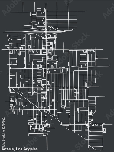 Detailed hand-drawn navigational urban street roads map of the CITY OF ARTESIA of the American LOS ANGELES CITY COUNCIL, UNITED STATES with vivid road lines and name tag on solid background