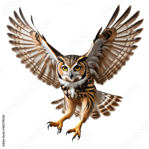Wings of Wisdom: A Study in Flying Owls isolated on transparent background,png