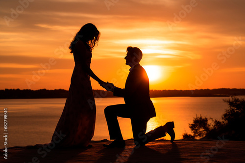 man kneeling measuring marriage to his partner against a beautiful orange sunset, IA generative