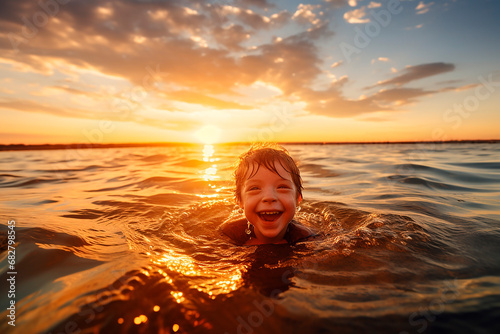 boy with Down syndrome in the sea smiling with a beautiful sunset in the background, IA generative