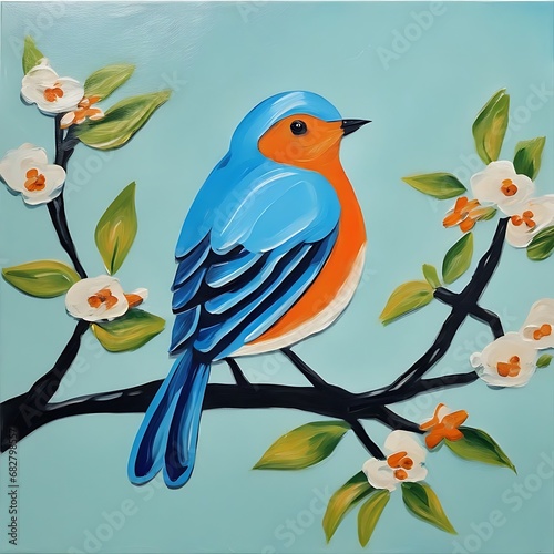 Vibrant Blue Orange Bird Perched on a Spring Branch Acrylic Painting .Perfect for the beautiful wallpaper, home decoration and others. Generative AI © PixelPursuit