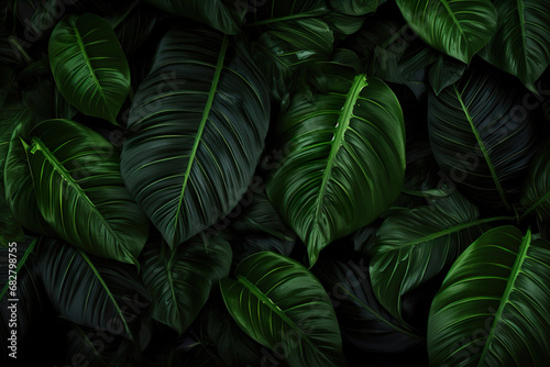 Close-up of Green Leaves on a Black Background. Generative Ai