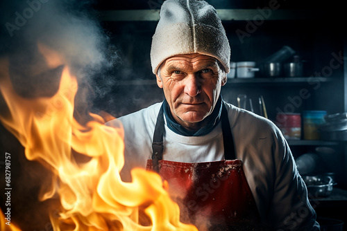 Old man from Antarctica cooking in the kitchen, IA generativa