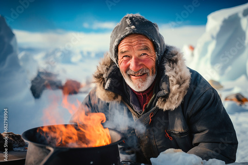 Portrait of senior man cooking in Antarctic, IA generativa