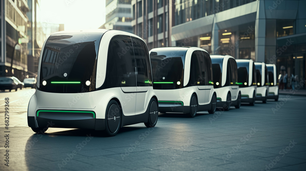 Self-Driving Electric Mini Mobility Vehicles Relocating in the City to Meet Current Needs for Transportation, Smart Public Transport, AI Route Optimisation, Futuristic Taxi, Sustainable City Planning