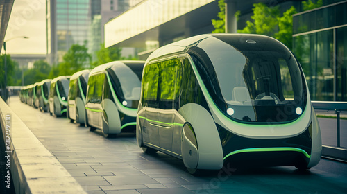 Self-Driving Electric Mini Mobility Vehicles Awaiting Passengers at an Airport, Railway Station, Smart Public Transport Solution, Shared Car, Futuristic Green Urban Travel, Sustainable City Planning