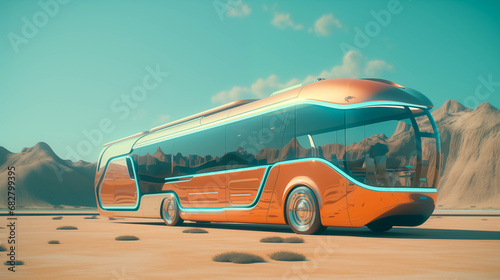 Futuristic Self-Driving Luxury Camper Bus Travelling Across a Desert, Smart Green Mobility, Sustainable Design, AI Powered Transportation, Autonomous Shared Vehicle, Dream Holiday, Party Bus