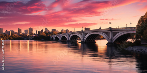 Rießige Brücke in der Stadt mit schönen roten Abend Sonnenlicht im Querformat für Banner, ai generativ