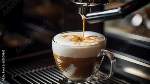 Pouring coffee into cup from cappuccino machine 