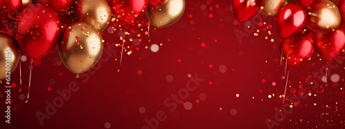 Vector happy birthday horizontal illustration on dark background with 3d realistic red and golden air balloon with text and glitter confetti. Holiday design for greeting card. party banner design.