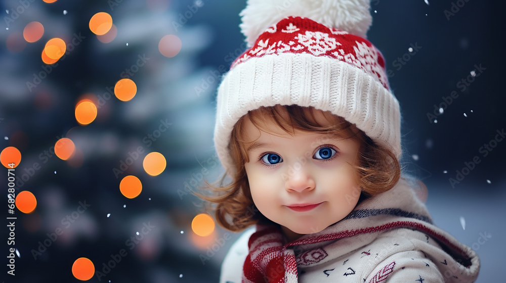 criança com boné de Natal, decorações de Natal em um fundo com neve e árvore de Natal criança com boné de Natal, decorações de Natal em um fundo com neve e árvore de Natal