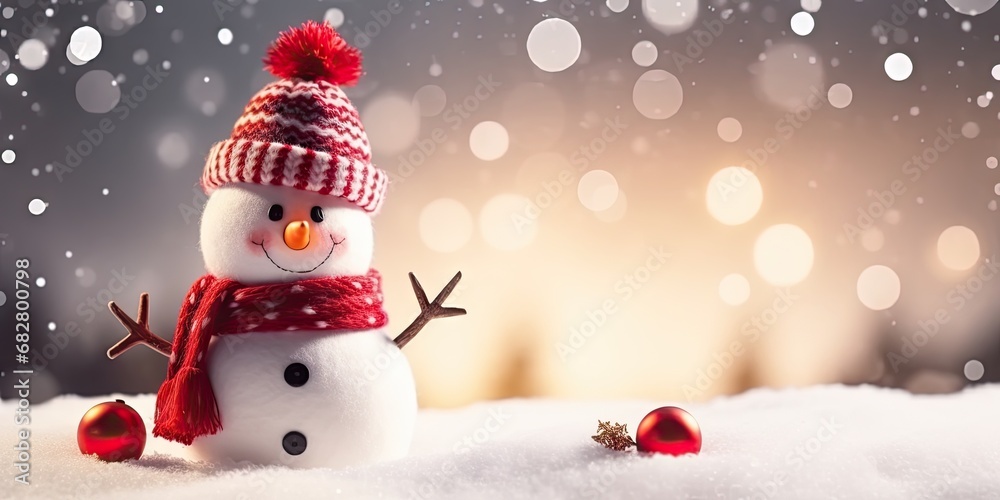 Festive winter charm. Adorable snowman in white snowy landscape perfect for christmas greeting cards. Winter wonderland. Cute in frosty outdoor scene ideal for celebratory holiday imagery