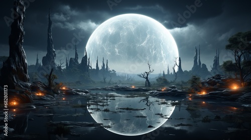A mesmerizing moon casts its spell over a mystical swamp, bathing the wild landscape in ethereal moonlight and igniting a sense of wonder and enchantment in the heart of nature