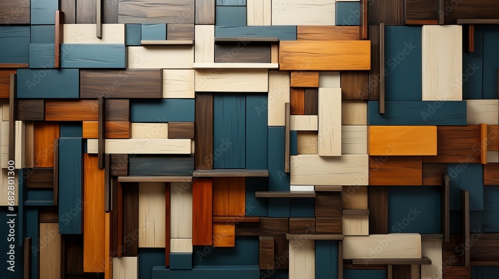 An avant-garde structure of interlocking rectangles, crafted from wooden blocks, evokes a sense of abstract art and experimental building, enticing the imagination with its fluid and wild design