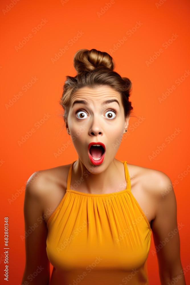 A woman with a surprised face looking forward with orange background, AI generated A woman with a surprised face looking forward with orange background, AI generated