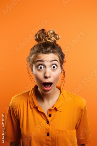A woman with a surprised face looking forward with orange background, AI generated