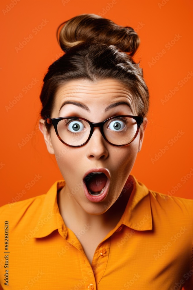 A woman in glasses with a surprised face looking forward with orange background, AI generated