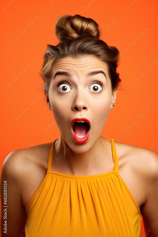 A woman with a surprised face looking forward with orange background, AI generated A woman with a surprised face looking forward with orange background, AI generated