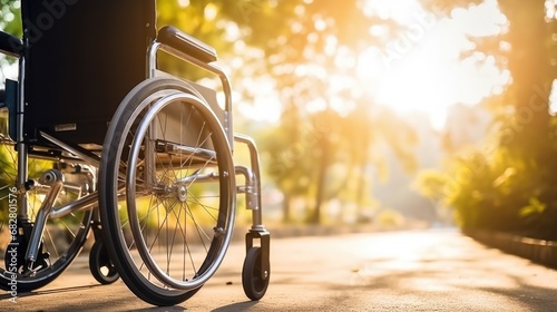 An empty wheelchair in a garde or park, backlight AI generated image photo