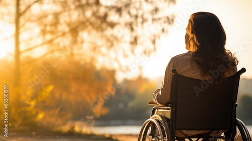 Young beautiful woman on a wheelchair, view from behind, backlight, AI generated