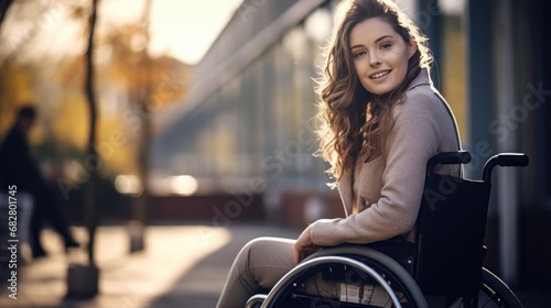 Young beautiful woman on a wheelchair outdoors, AI generated photo