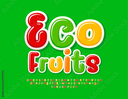 Vector colorful banner Eco Fruits with handwritten Font. Artistic set of Alphabet Letters and Numbers