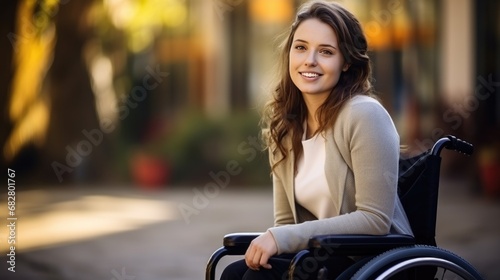 Young beautiful woman on a wheelchair outdoors, AI generated