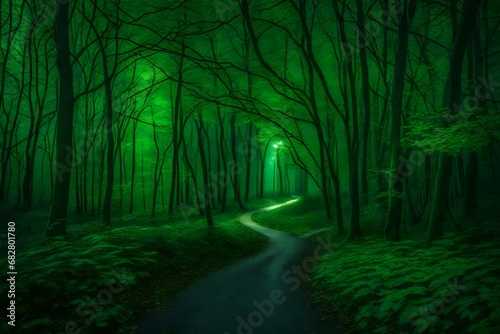 A park path with trees bathed in green light at night © Rao