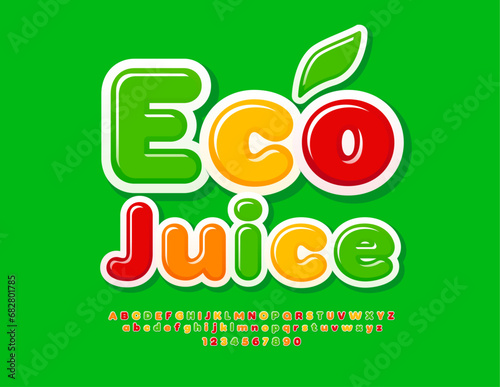 Vector advertising label Eco Juice. Bright Glossy Font. Colorful Alphabet Letters and Numbers.