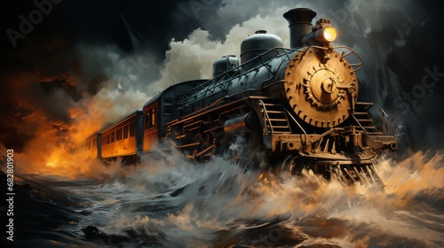 A billowing cloud of smoke engulfs the steaming locomotive as it charges down the stormy outdoor track, a wild and powerful force of steel and steam