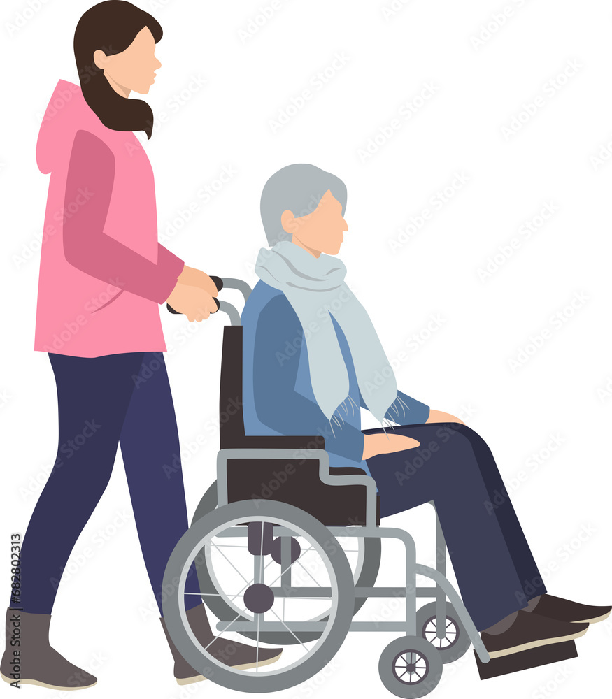 Young person accompanying and helping an elderly person in a wheelchair Young person accompanying and helping an elderly person in a wheelchair