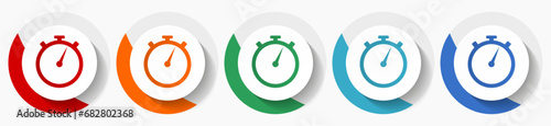 stopwatch vector icon set, flat design colorful round icons in 5 color options for webdesign and mobile applications