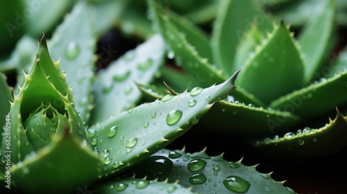 Close-up of fresh green aloe vera leaves with water drops. Dark background. Generative AI