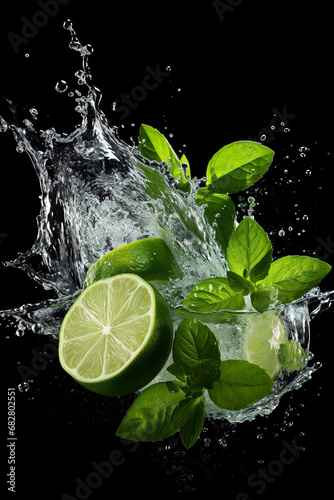 A splash of water with limes and mint leaves. Generative Ai