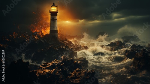 As the storm rages on, the lighthouse stands tall, its light piercing through the dark sky, a beacon of hope for ships lost at sea amidst the rocky shore