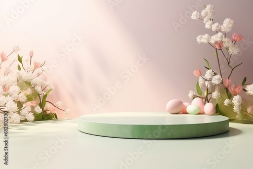 Easter scene with eggs and flowers for advertising. podium for displaying products. Happy Easter.