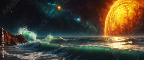 Alien beach landscape with ocean waves and nebulae planets sky