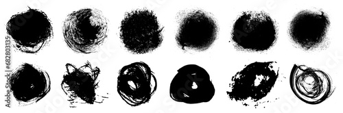 Grunge vector round brush painted circles. Grungy rough ink blot shape scribbles. Punk style dirty splash brushstroke background textures. High definition trace brush stroke elements. Watercolor art