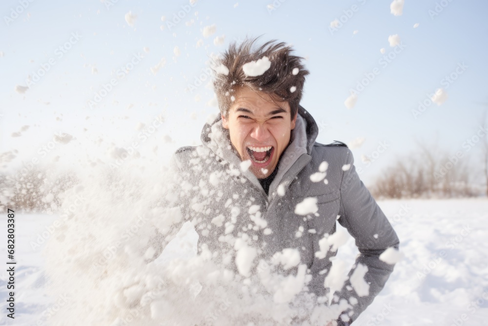 Christmas Cheer Abounds as a Man with Spikey Hair Engages in a Playful Snowball Fight Amidst an All-White Holiday Decor Christmas Cheer Abounds as a Man with Spikey Hair Engages in a Playful Snowball Fight Amidst an All-White Holiday Decor