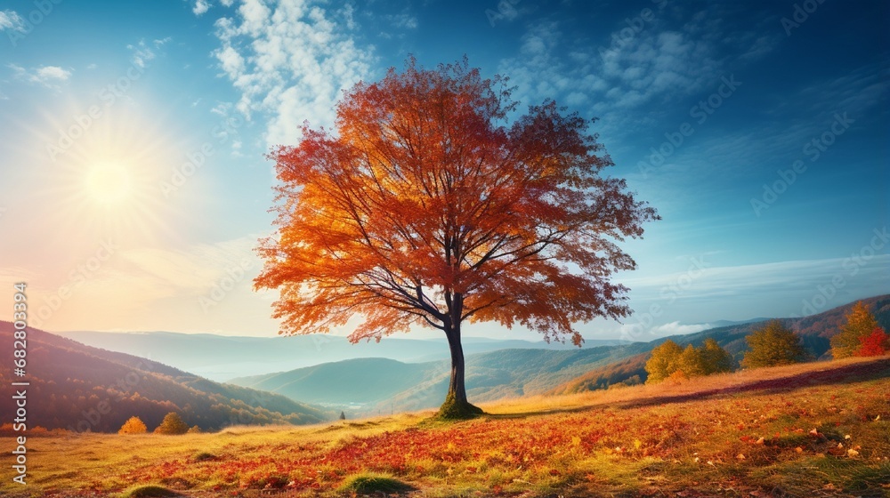 Tranquil Autumn Sunrise in a Vibrant Forest generated by AI tool Tranquil Autumn Sunrise in a Vibrant Forest generated by AI tool