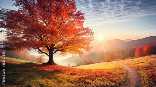 Tranquil Autumn Sunrise in a Vibrant Forest generated by AI tool  © Aqsa