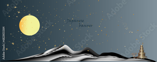 Golden botany banner.Japanese style Hand drawn vector . Line art style design. Concept traditional Asian holiday card.