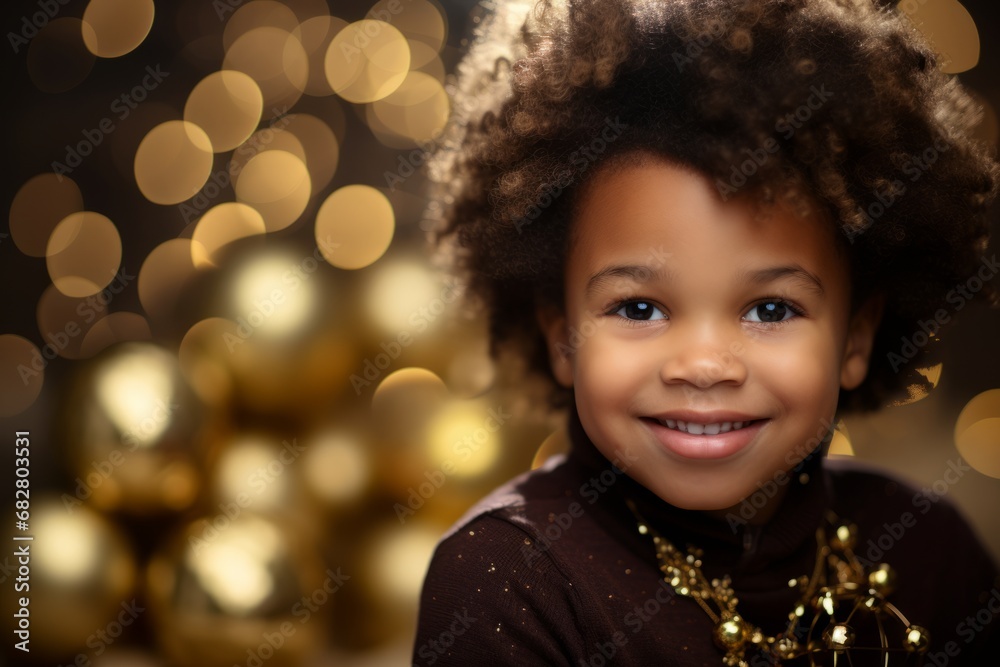 A Heartwarming Christmas Scene: Smiling Dark-skinned Child Clutching Sleigh Bells Against a Glistening Golden Backdrop A Heartwarming Christmas Scene: Smiling Dark-skinned Child Clutching Sleigh Bells Against a Glistening Golden Backdrop