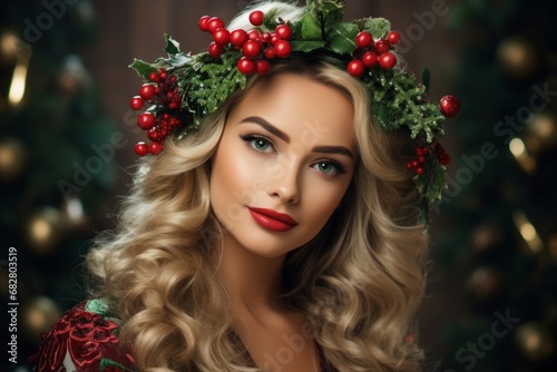Holiday Cheer Personified  Radiant Blonde Woman with Holly Wreath Tiara on Vibrant Green Backdrop