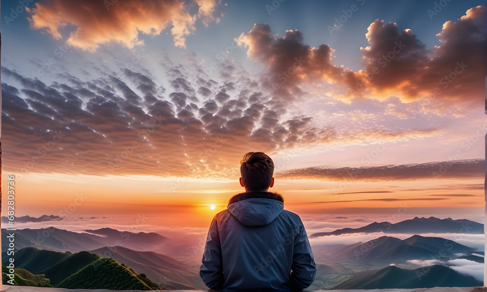 Obraz premium A beautiful sunrise view and a man's back view of the sunrise. Generative AI