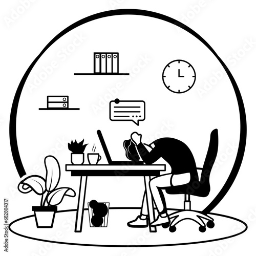feeling uninspired and exhausted at work concept, Workplace Stagnation vector icon design, White Collar Fatigue symbol, Sedentary lifestyle sign, office syndrome scene stock illustration